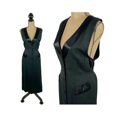 M 90s Sleeveless Black Button Down Midi Dress Medium, Tie Back Jumper Dress, Tuxedo Gothic Academia, 1990s Clothes Women, Vintage Clothing 