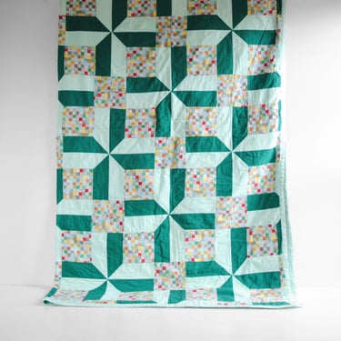 Vintage Handmade Patchwork Cotton Quilt with Green Geometric Design 