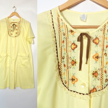 Vintage 70s Plus Size Fall Tone Embroidered House Dress Nightgown Lounge Dress Size XL/XXL 