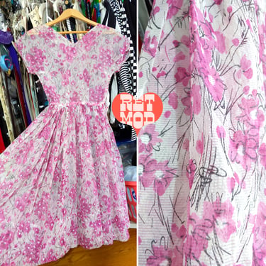 So Beautiful Vintage 50s Magenta Pink & White Floral Sheer Fit and Flare Dress 