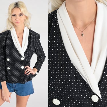Polka Dot Blouse 80s Double Breasted Black Top Button Up Shirt Blouse Long Sleeve Vintage 1980s Blazer Top V Neck White Medium 8 