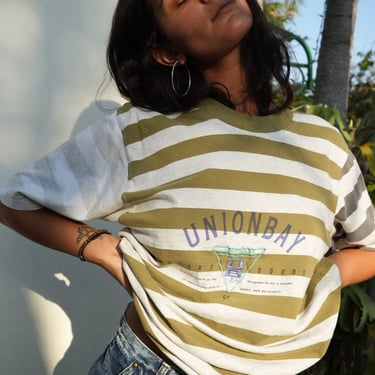Vintage 90's Tshirt / Unionbay Skater 90's Tee / Teal and Prink Stripes Tshirt / Summer Gender Neutral Tshirt / Unionbay 