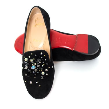 Modern Loafers | CHRISTIAN LOUBOUTIN Beaded Studded Black Suede Low Heel Red Bottom Flats (size U S 5/5.5 | E U 35.5) 