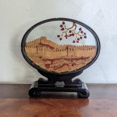 Vintage Cork Carving Art Display with Red Flowers 