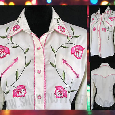 Vintage Retro Women's Cowgirl Western Shirt by Panhandle Slim, Rodeo Queen Blouse, Embroidered Pink Flowers, Size Medium (see meas. photo) 