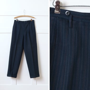 mens vintage 1940s pinstripe trousers • dark gray-blue striped cuffed wool suit pants 