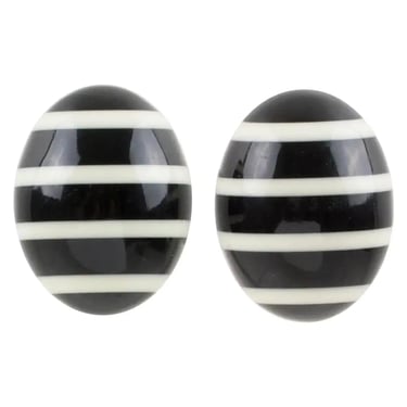Vintage 1990s Monies Clip On Earrings Black + White Striped Lucite Polished 