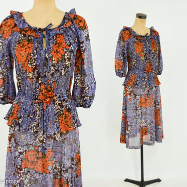 1970s Purple Floral Print Top & Skirt Set | 70s Purple Pleated Blouse Skirt Set | BoHo | Hippie | Medium | Tracy 