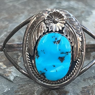 Sensa Eustace ~ Vintage Zuni Turquoise and Sterling Silver Wide Split Band Flower Blossom with Leaf Cuff Bracelet 