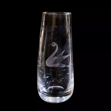 Mid-Century Modern Swedish Sculpted Glass Vase w/ Etched Swan Motif