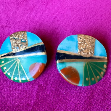 Junee Clay Art Deco Vtg Earrings |  2” x 2”