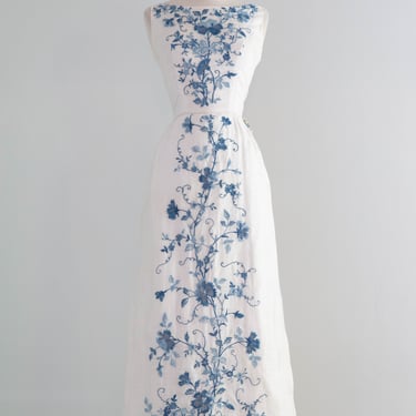 Exquisite Early 1960's Blue Canton Hand Embroidered Linen Formal Gown / SM