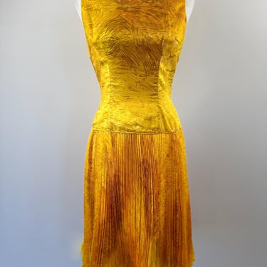 1970s Yellow Gold Abstract Print Dress 