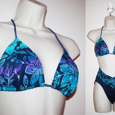 Vintage 1990s Blue Tropical High Waist Bikini, Size Small 