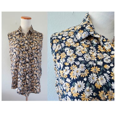 Vintage Women's Sleeveless Button Up Blouse - 90s Rayon Daisy Floral Print Summer Top - Cottagecore Boho - Size Medium 