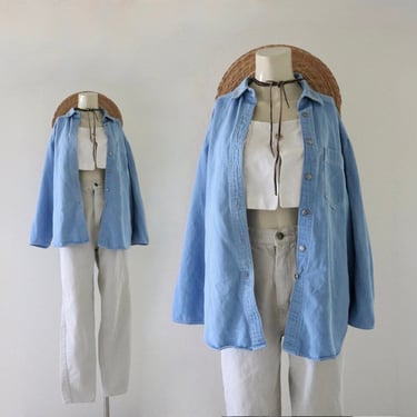 worrrn long sleeve chambray top (see details) - vintage 90s denim blue jeans long sleeve button shirt blouse womens size large 