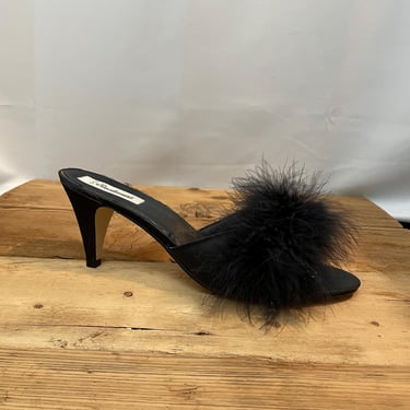 Feather Slippers Mules Black Satin Marabou Boudoir 1990s Vintage Pinup Shoes 10 11 