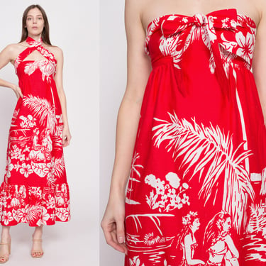 70s Convertible Hawaiian Red Floral Maxi Sundress - XXS | Vintage Boho Strapless Halter Summer Sun Dress 