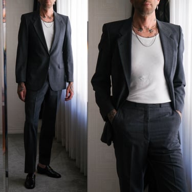Vintage 80s Yves Saint Laurent Navy Blue Shadow Multi Stripe Wool Gabardine Suit | Made in France | 1970s 1980s YSL Designer Tailored Suit 