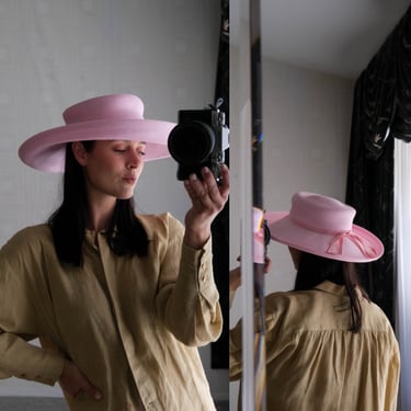 Vintage 90s Eric Javits Light Pink Flanged Wide Brim Sun Hat w/ Grosgrain Bow | Water Repellent, Packable | 1990s Designer Floppy Summer Hat 