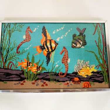 Vintage Ocean Scene Needlepoint Fish Tropical Kitsch Retro Wall Hanging Kitschy Nursery Kids Room Beach Pool House Decor 1980s 