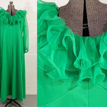 Vintage Kelly Green Maxi Dress Ruffle Collar A-Line Sheer Long Sleeves 1960s Mod Lane Bryant Formal Prom Hostess Gown Plus XXL XL 1XL 1X 