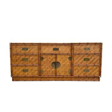 Vintage Dresser by Dixie with Faux Bamboo, Woven Herringbone Rattan and 9 Drawers - Campaign Hollywood Regency Coastal Style Furniture 