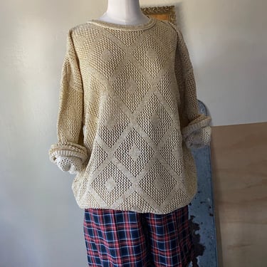 Vintage 80s Oversized Lurex Gold Pullover Abstract Sweater; 80s Metallic Abstract Argyle Sweater; 80s Holiday Longline Pullover Sweater 