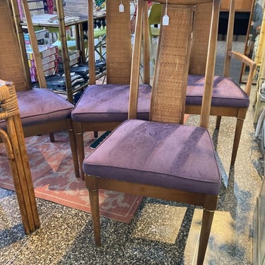 Cane back vintage dining chair. 4 chairs, two with arms available Armchair is 23” x 19” x 41.5” seat height 18” Others 21” x…