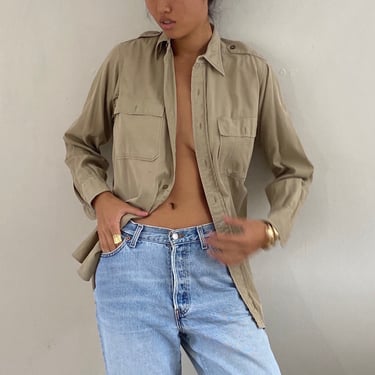 60s khaki over shirt / vintage beige cotton khaki oversized boyfriend epaulettes pocket uniform chore over shirt | Large 
