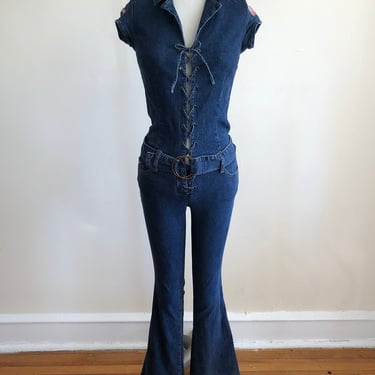 Denim Lace-Up Jumpsuit with Belt - Early 2000s 