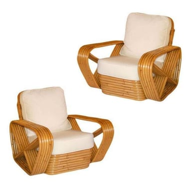 Restored 1930s Six Strand Square Pretzel Stacked Rattan Lounge Chair, Pair 