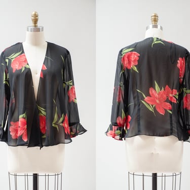 sheer black bolero | 90s y2k vintage romantic red floral see through ruffled coverup jacket 