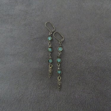 Long bohemian earrings, goddess earrings, bold boho earrings, sea green earrings, geometric earrings, artisan bronze 