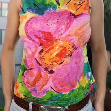 Vintage Painted Sequin Floral Tank Top – Y2K Abstract Art Print Sleeveless Shirt