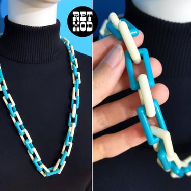 Retro Mod Vintage 60s 70s Turquoise & Off-White Plastic Chain Necklace OR Belt 