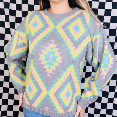 80s Vintage Pastel Geometric Knit Sweater