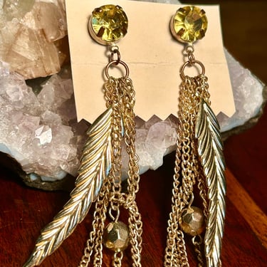 Statement Earrings Long Dangle Gold Tone Feather Chain Beads Rhinestones Retro Gift 