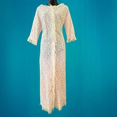 1950s pink lace robe vintage lounge craft long peignoir medium 