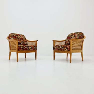 Midcentury easy chairs rattan & fabric by Wilhem Knoll for Knoll Antimott, Germany, 1960s, Set of 2 