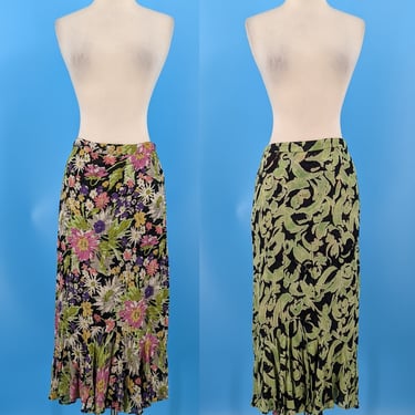 Y2k Reversible Floral Print Midi Skirt - 2000s Small Mid Length Skirt 