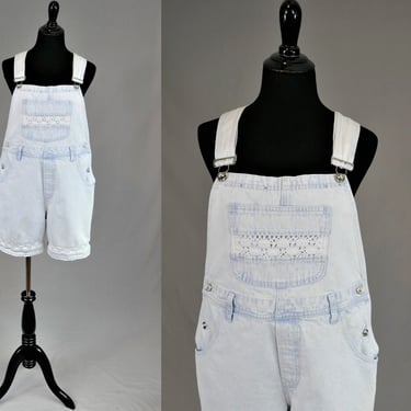 90s Denim Shorts Overalls - Pale Blue Cotton Jean Carpenter Bib Shortalls - White Lace Trim - Vintage 1990s - M 