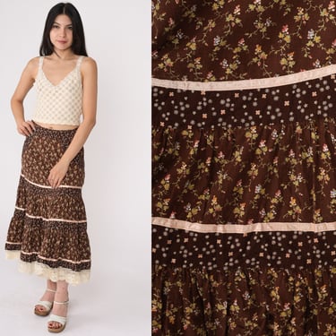Floral Prairie Skirt 70s Boho Brown Tiered Midi Skirt Retro Cottagecore Calico Hippie Flower High Waisted Bohemian Vintage 1970s Small S 