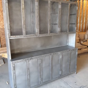Vintage industrial stripped steel 2 piece factory cabinet with loads of storage 