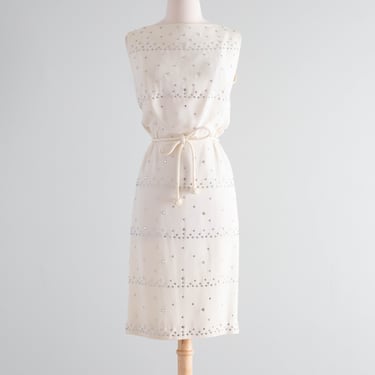 Stunning 1960's Ivory Crepe Cocktail Dress Embellished in Pronged Rhinestones / Medium