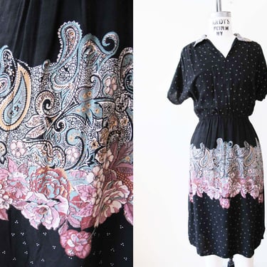 Vintage 70s Black Paisley Floral Sundress S - 1970s Rayon Short Sleeve Casual Knee Length Dress 