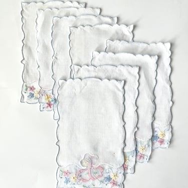 Vintage Madeira Flower and Bow Embroidered Napkins/ Set of 8 