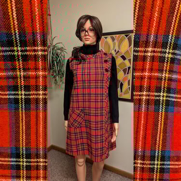 Vintage 1960s Red Tartan Plaid Jumper Mini Dress with Button Detail and Pocket / 60s 70s Christmas Fall Autumn Winter Holiday Academia 