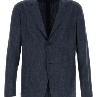 Giorgio Armani Men Melange Dark Blue Wool Blend Blazer