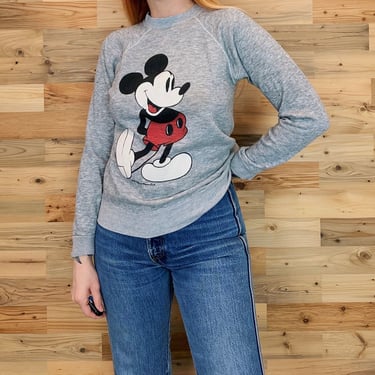 1970s Mickey Mouse Vintage Grey Raglan Pullover Sweatshirt 